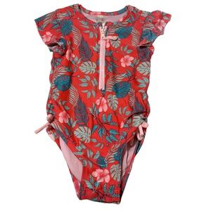 Cat & Jack Tropical One-Piece Swimsuit, Toddler Girls 4T Coral Floral Rash Guard
